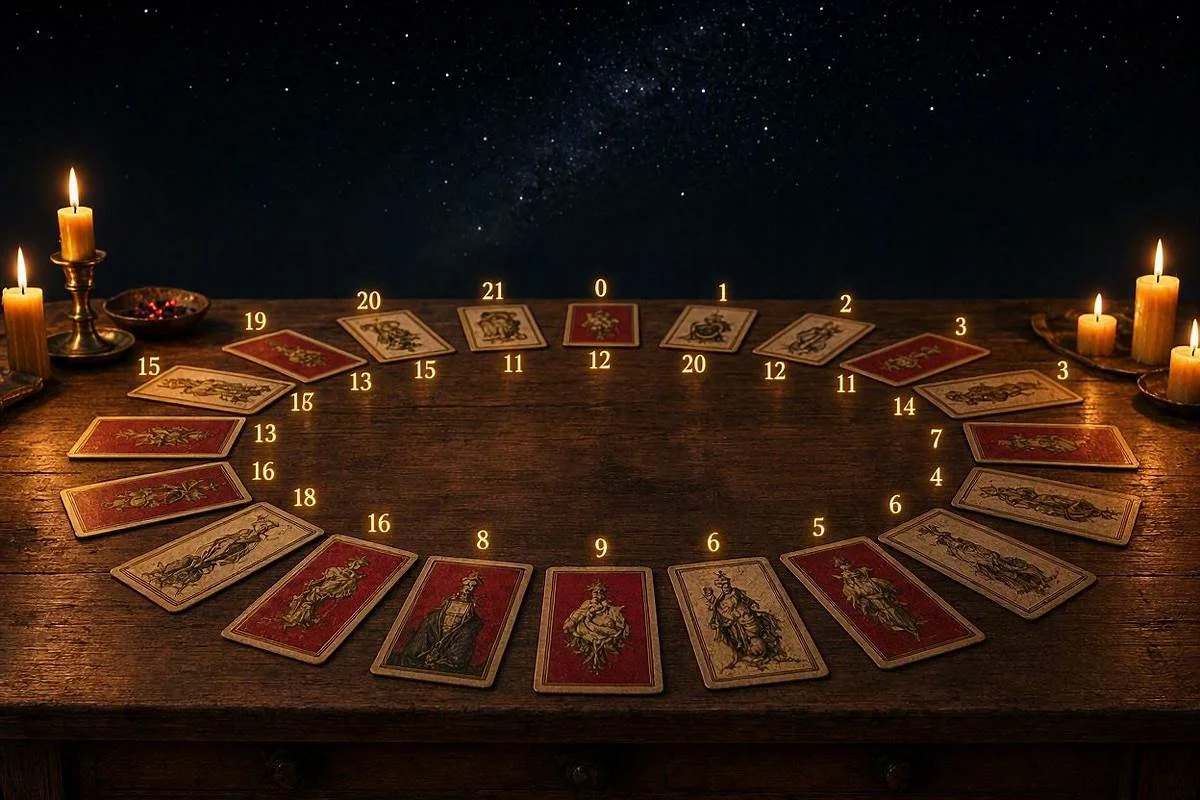Arcano pessoal no tarot representado por cartas dos arcanos maiores dispostas em círculo sobre mesa de madeira, à luz de velas, em cena mística noturna