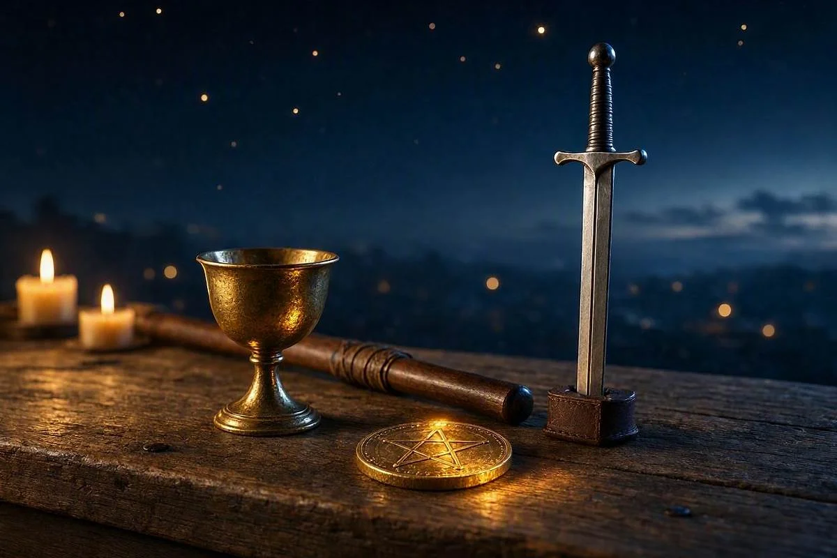 Os Arcanos Menores do tarot com os quatro naipes, cálice, moeda dourada, espada e bastão sob um céu noturno dourado