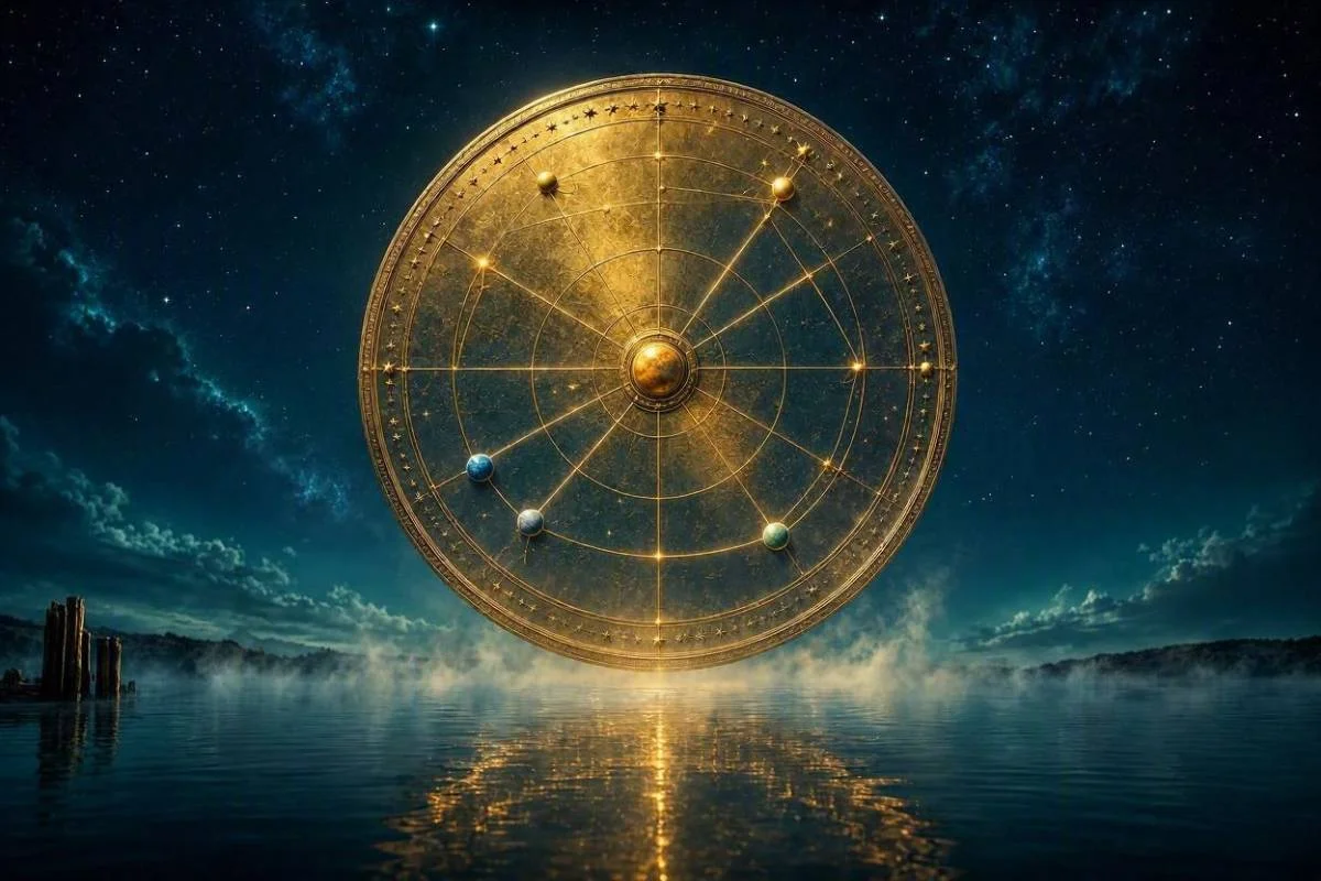 Aspectos no mapa astral representados por linhas douradas de geometria celeste ligando planetas sobre um céu noturno estrelado, capa do artigo
