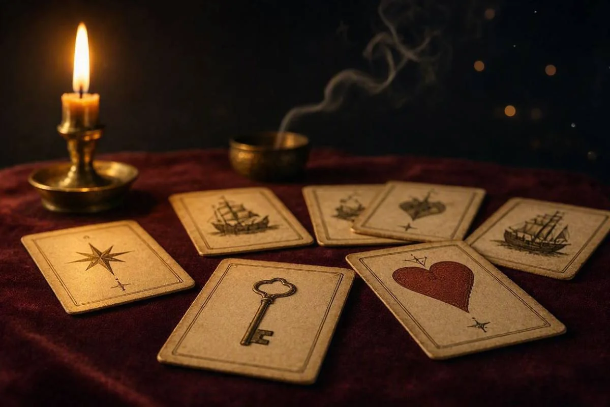 Baralho cigano com as 36 cartas espalhadas sobre mesa de veludo, à luz de velas, em ambiente noturno místico e dourado