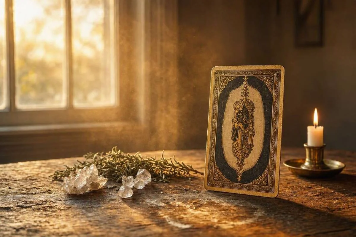 Uma única carta de tarot iluminada sobre mesa de madeira ao amanhecer, com velas e cristais, capa do artigo sobre carta do dia no tarot