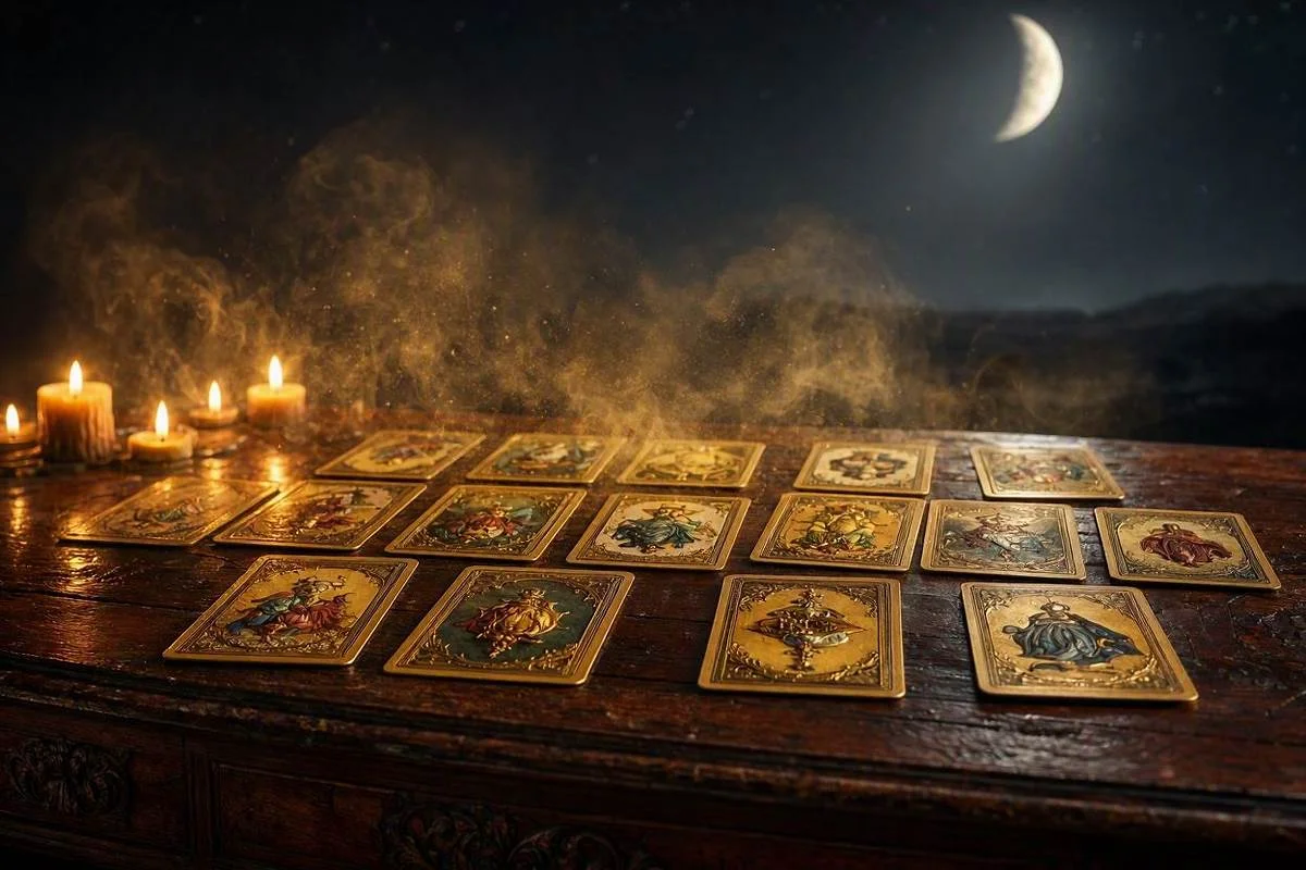 Cartas invertidas no tarot, cartas douradas espalhadas sobre a mesa, algumas de cabeça para baixo, entre velas acesas sob céu noturno místico