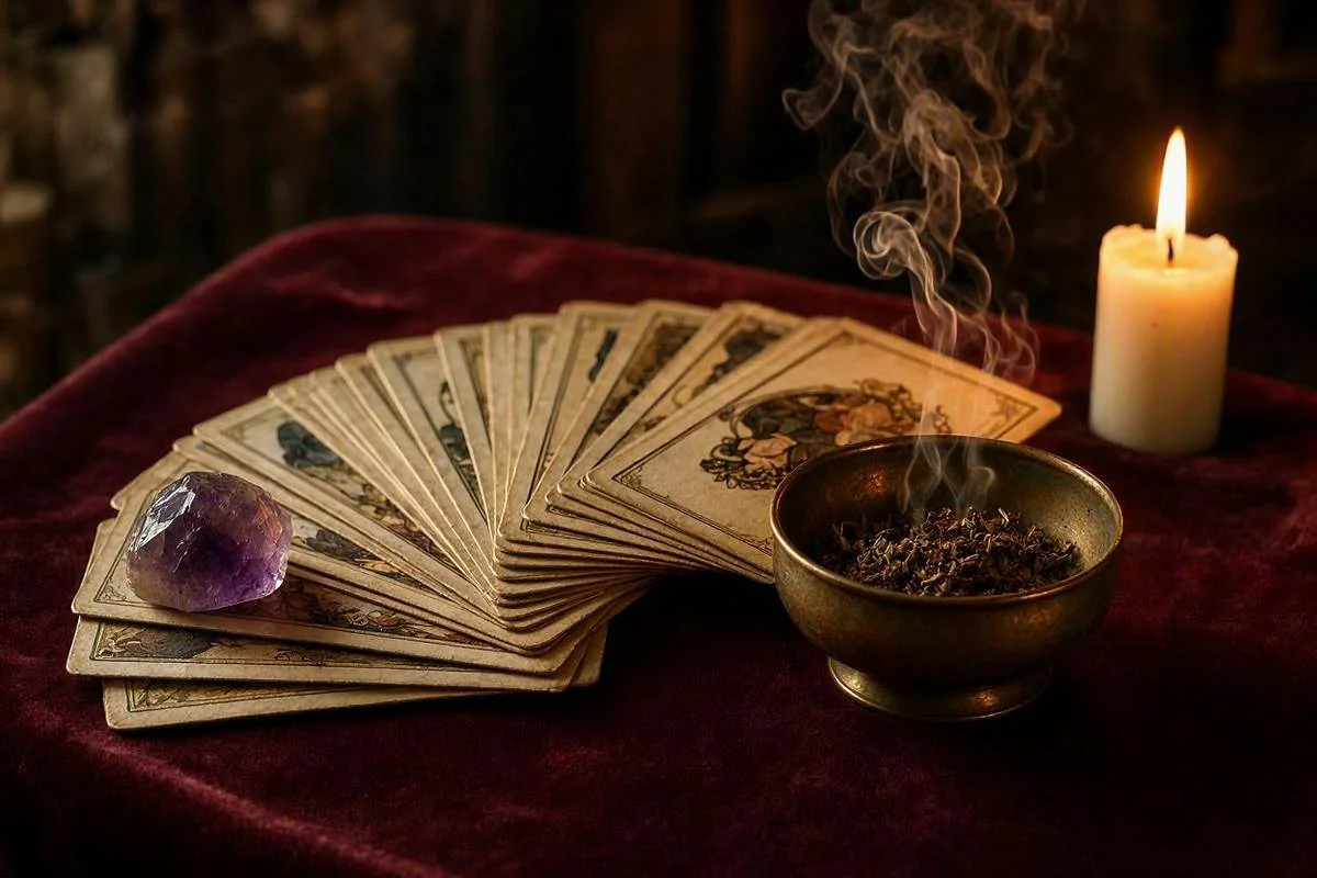 Baralho de tarot sobre pano escuro com fumaça de ervas e vela acesa em ambiente noturno dourado, capa do artigo sobre como limpar e energizar o baralho de tarot