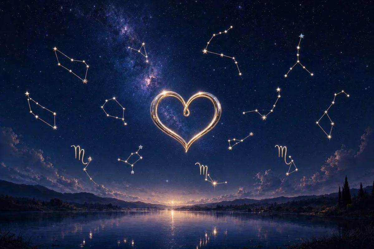 Compatibilidade dos signos no amor, dois corações unidos entre constelações do zodíaco sob céu noturno dourado