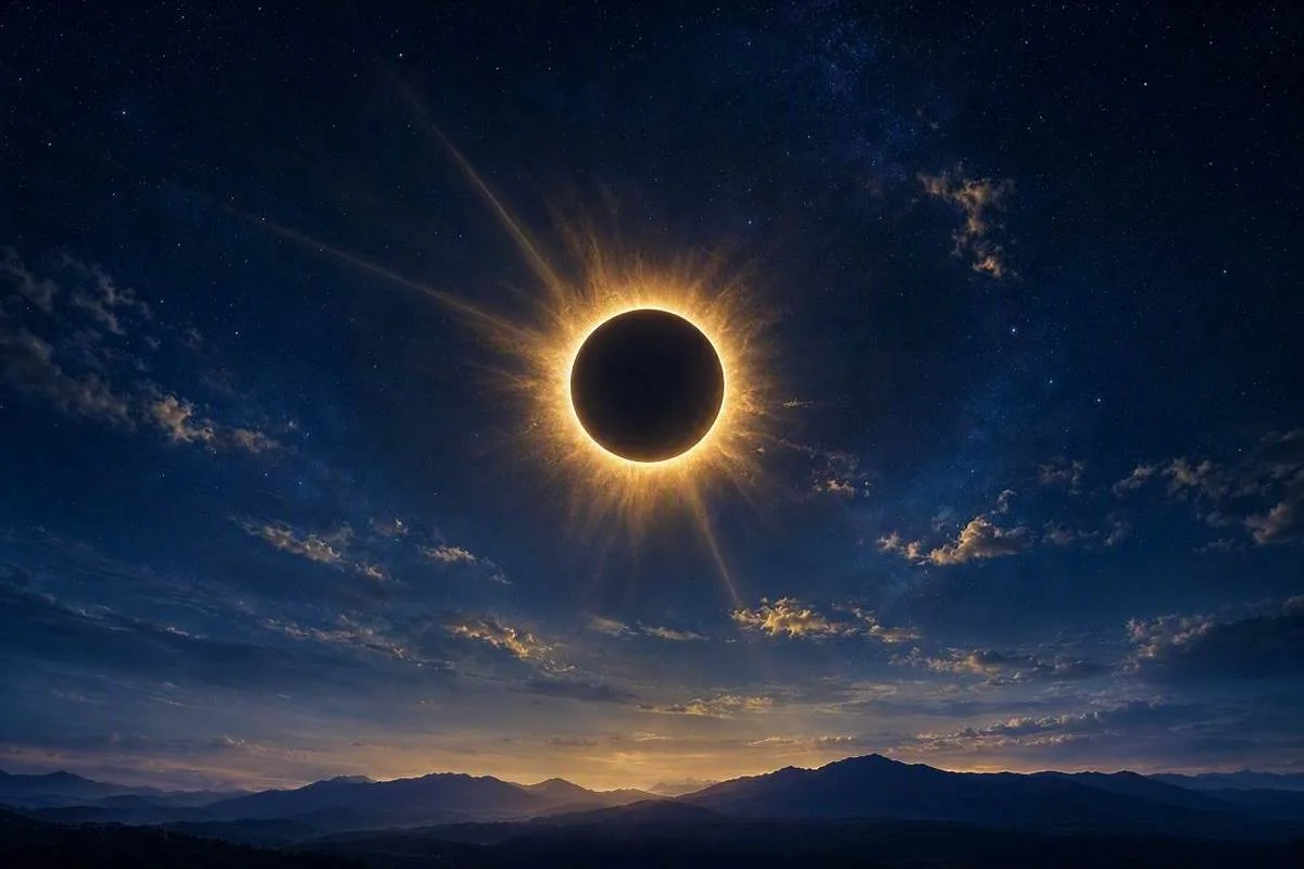 Eclipse solar com anel de luz dourada sobre céu noturno estrelado, capa do artigo sobre eclipses na astrologia