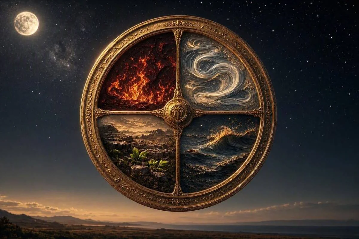 Elementos dos signos na astrologia, fogo, terra, ar e água representados em céu noturno dourado e místico com símbolos do zodíaco