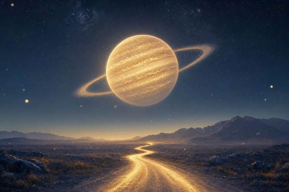Planeta Júpiter dourado e luminoso sobre estrada de luz em céu noturno estrelado, capa do artigo sobre Júpiter no mapa astral