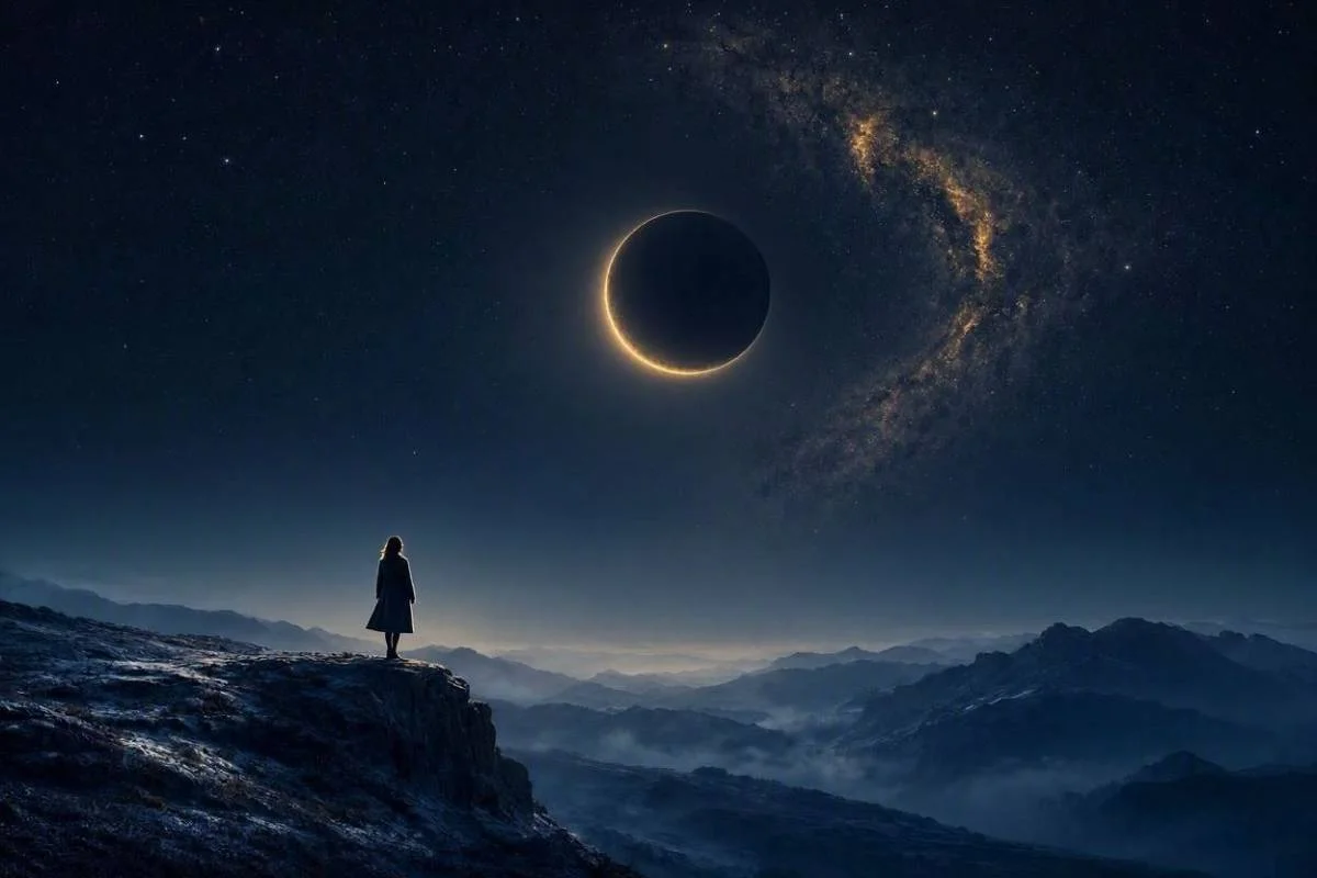 Lua negra sobre um céu noturno profundo com névoa dourada e silhueta feminina ao longe, capa do artigo sobre Lilith no mapa astral