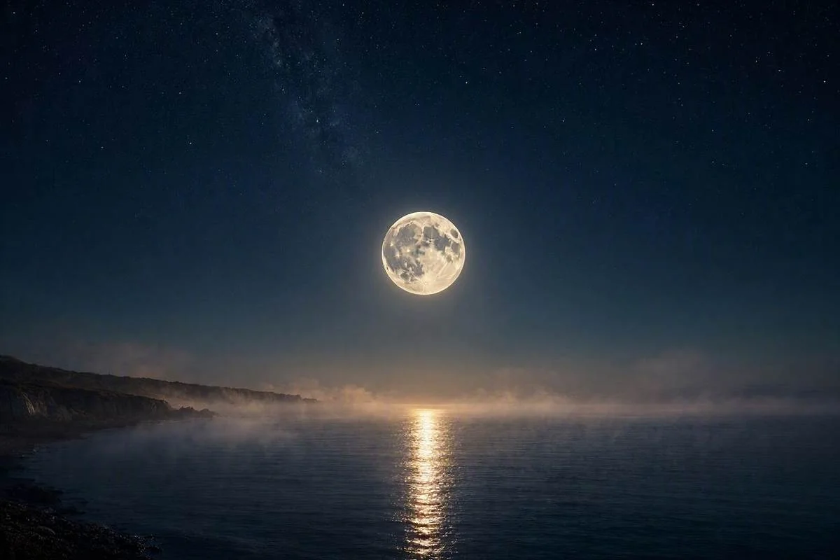 Lua cheia prateada refletida em um mar calmo sob céu noturno estrelado, capa do artigo sobre a Lua no mapa astral