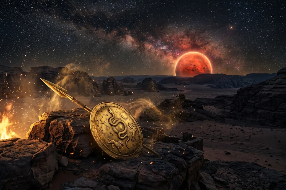 Lança e escudo dourados diante de um planeta vermelho brilhante em céu noturno estrelado, capa do artigo sobre Marte no mapa astral