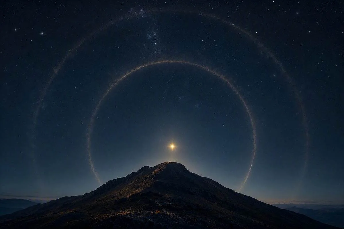 Montanha escura sob céu noturno estrelado com um ponto dourado luminoso no zênite, capa do artigo sobre o Meio do Céu no mapa astral