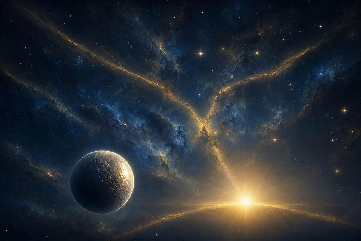 Planeta Mercúrio prateado diante do Sol dourado em céu noturno estrelado, capa do artigo sobre Mercúrio no mapa astral