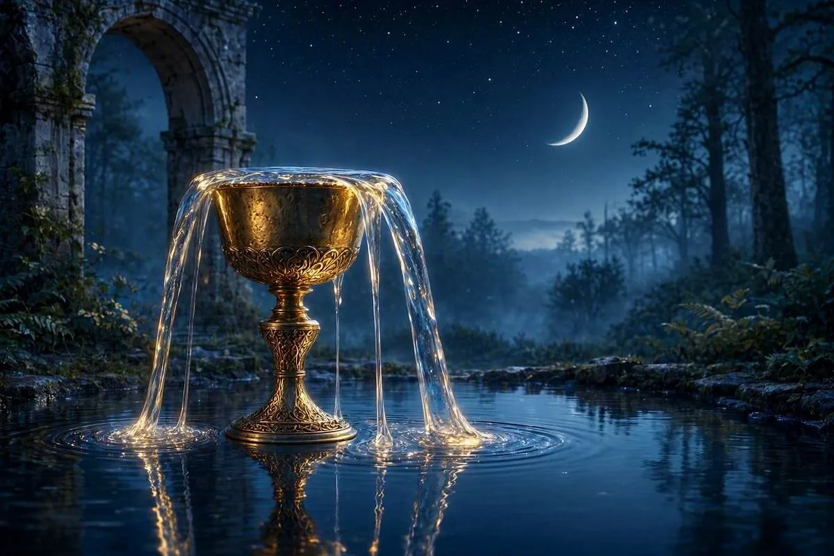 Taça dourada transbordando água luminosa sob um céu noturno estrelado, capa do artigo sobre o naipe de Copas no tarot