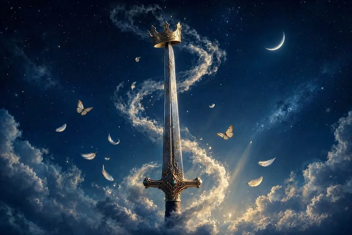 Espada de lâmina prateada e cabo dourado entre nuvens sob um céu noturno estrelado, capa do artigo sobre o naipe de Espadas no tarot