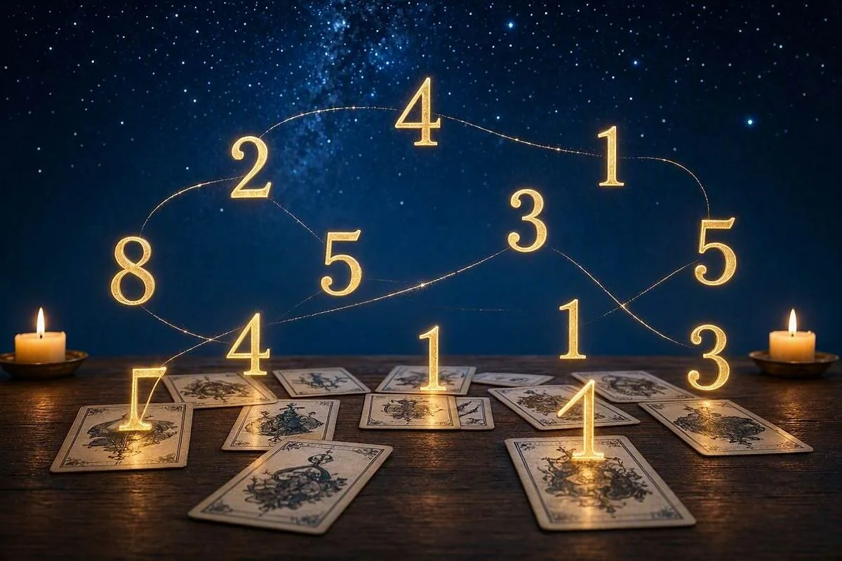 Cartas de tarot abertas com algarismos dourados luminosos flutuando sobre elas em mesa escura, capa do artigo sobre numerologia no tarot