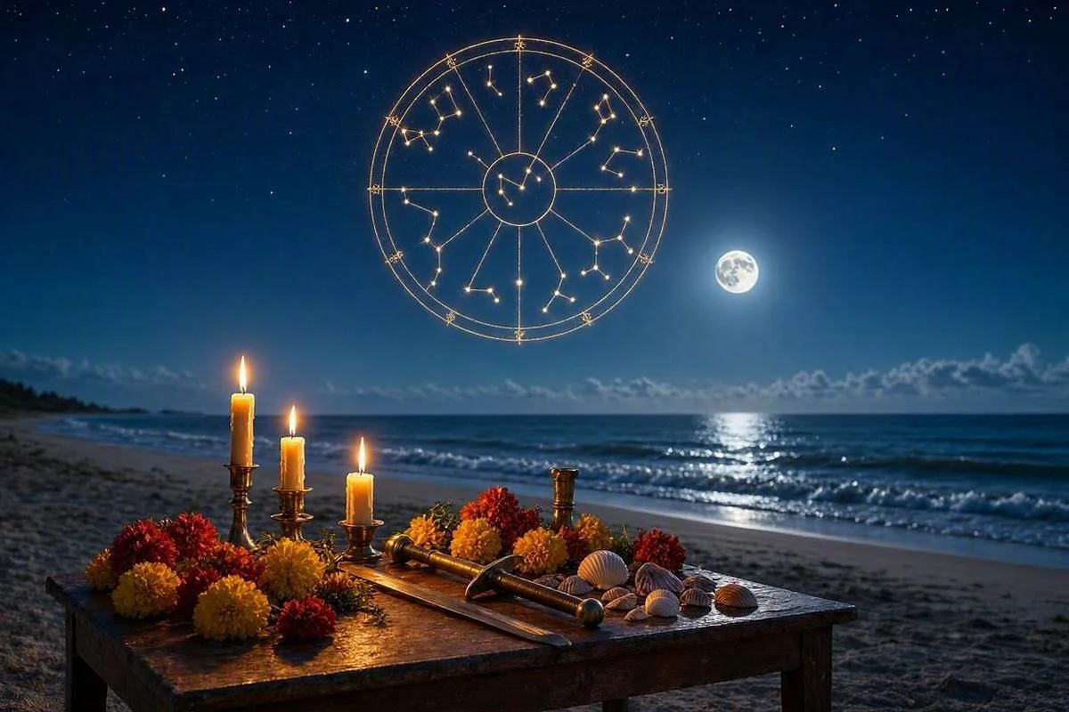 Altar de umbanda iluminado por velas douradas diante do mar a noite com a roda do zodiaco brilhando no ceu estrelado