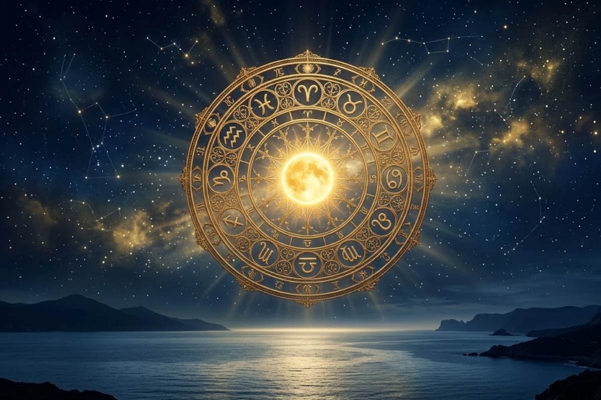 Céu noturno dourado com uma roda astrológica e um ponto luminoso em destaque, capa do artigo sobre a Parte da Fortuna no mapa astral