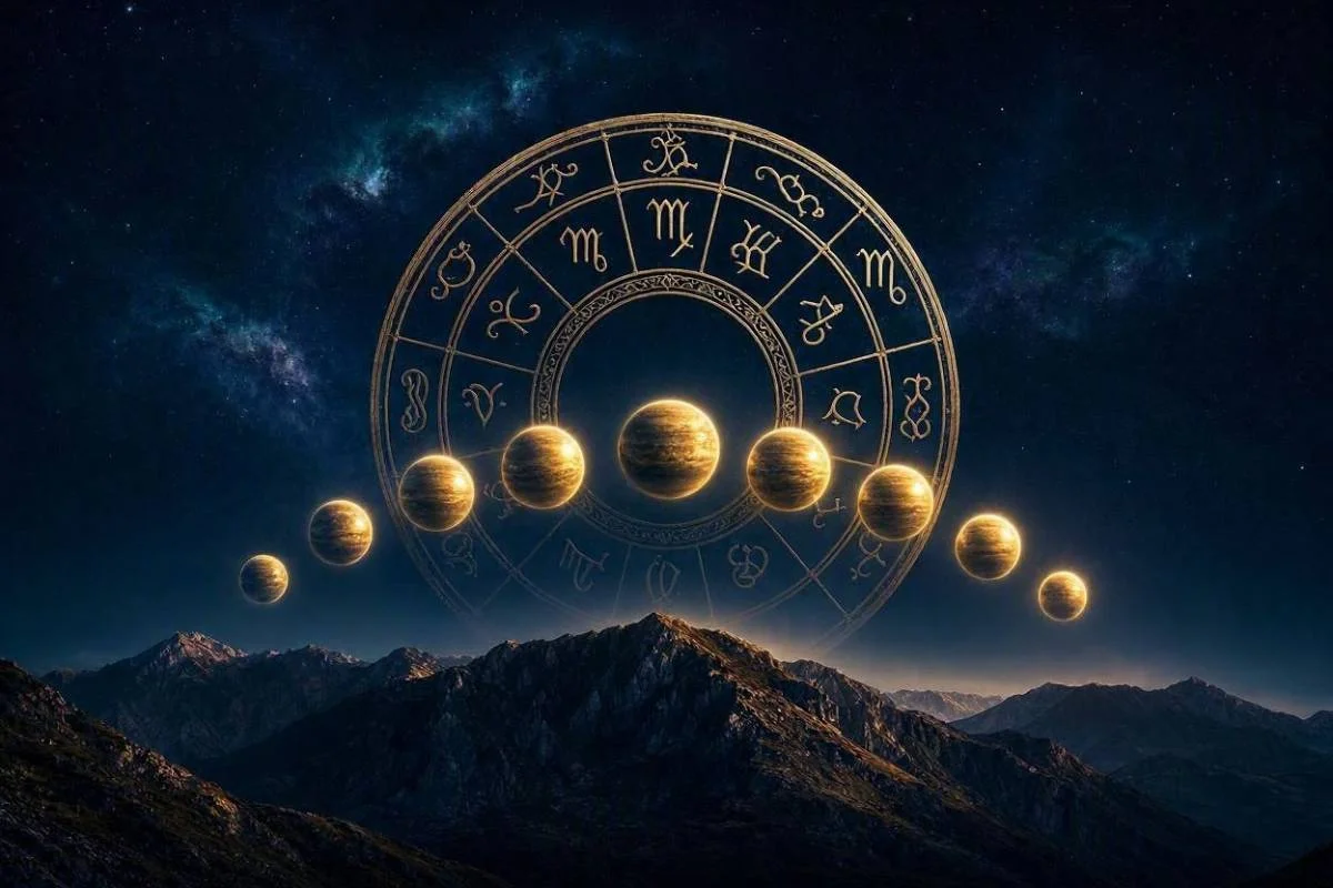 Planetas regentes dos signos representados por corpos celestes dourados alinhados num ceu noturno estrelado com roda zodiacal ao fundo