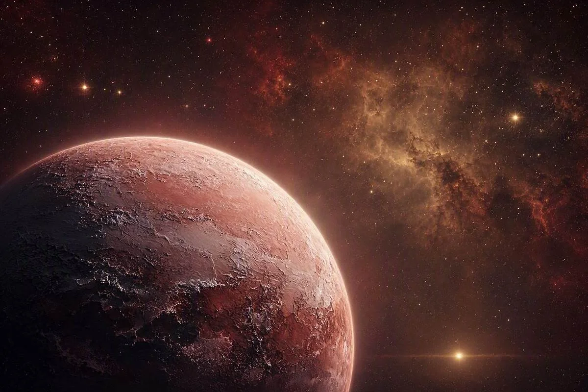 Planeta Plutão avermelhado envolto em névoa dourada sobre céu noturno estrelado, capa do artigo sobre Plutão no mapa astral