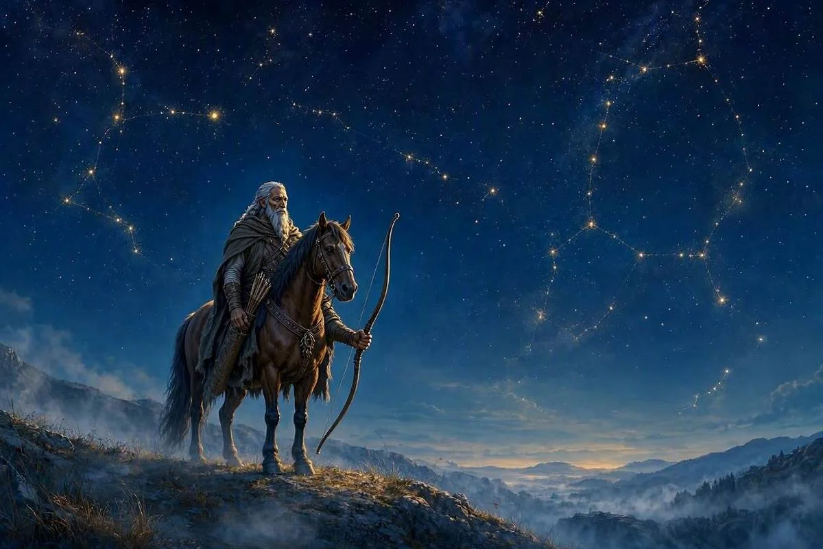 Centauro sábio com arco diante de céu noturno estrelado e dourado, capa do artigo sobre Quíron no mapa astral