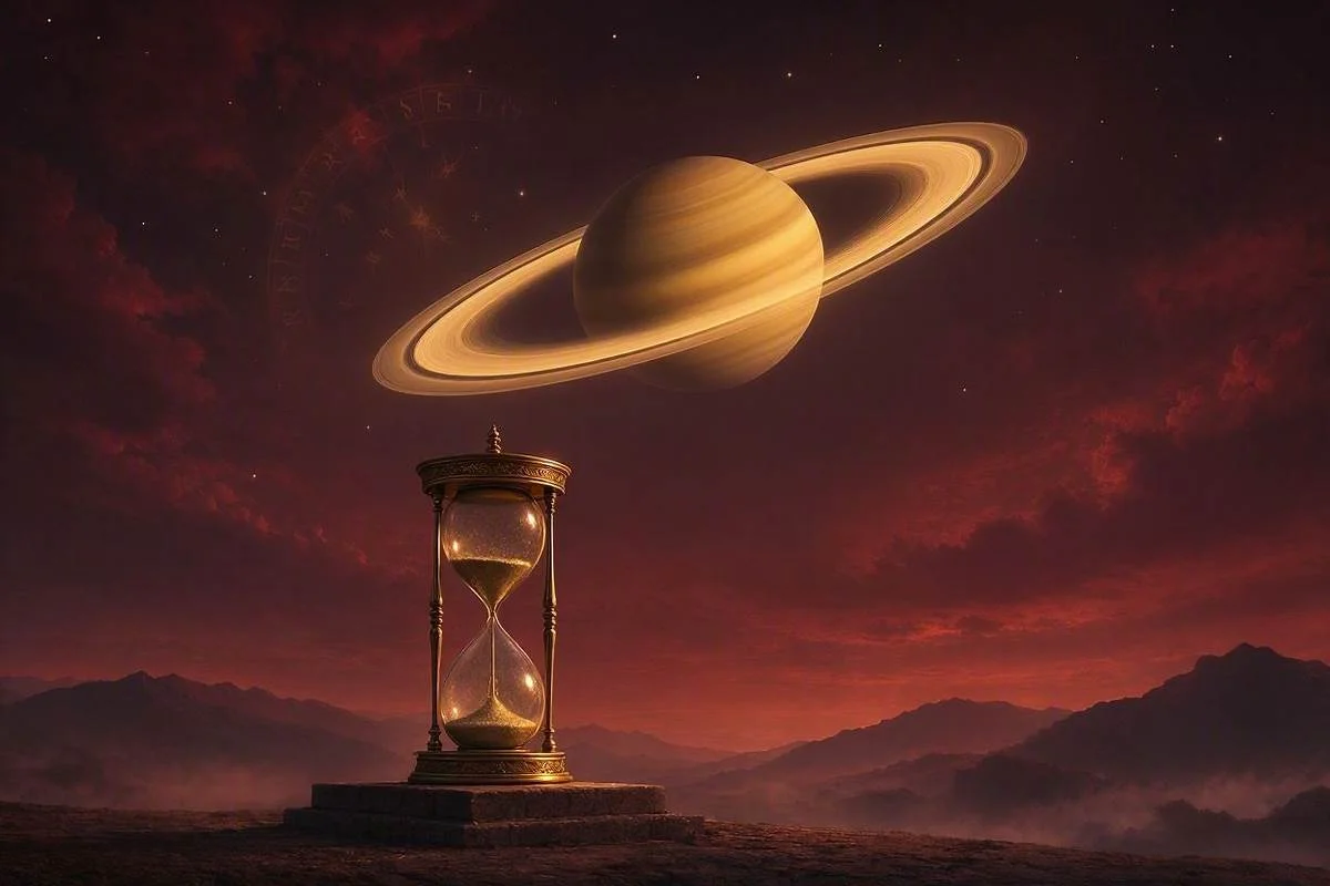 Retorno de Saturno representado pelo planeta Saturno com seus aneis dourados em ceu noturno mistico e estrelado