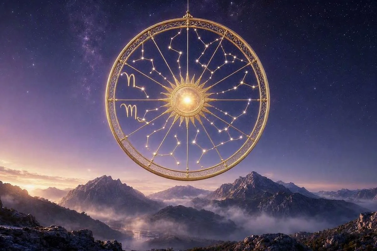 Revolução solar representada pelo Sol dourado retornando ao seu ponto exato na roda zodiacal, em ceu noturno mistico e estrelado