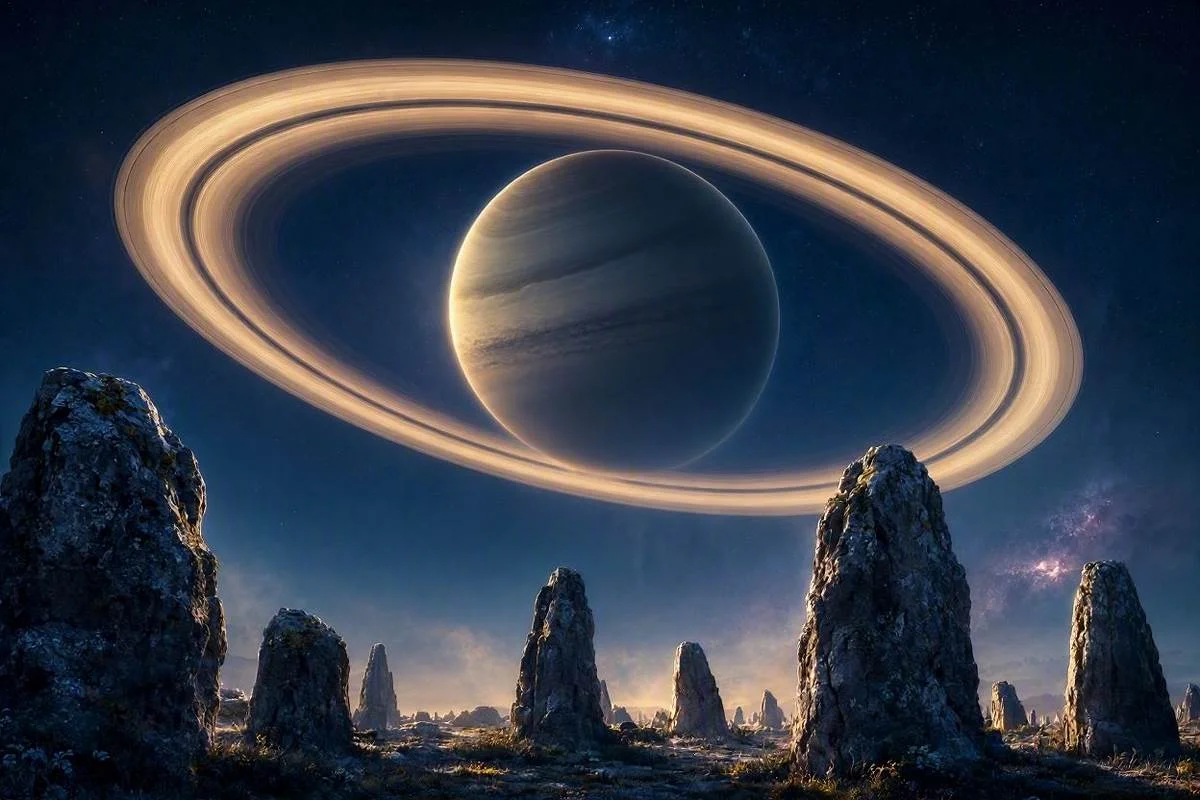 Planeta Saturno com seus anéis dourados em céu noturno estrelado, capa do artigo sobre Saturno no mapa astral
