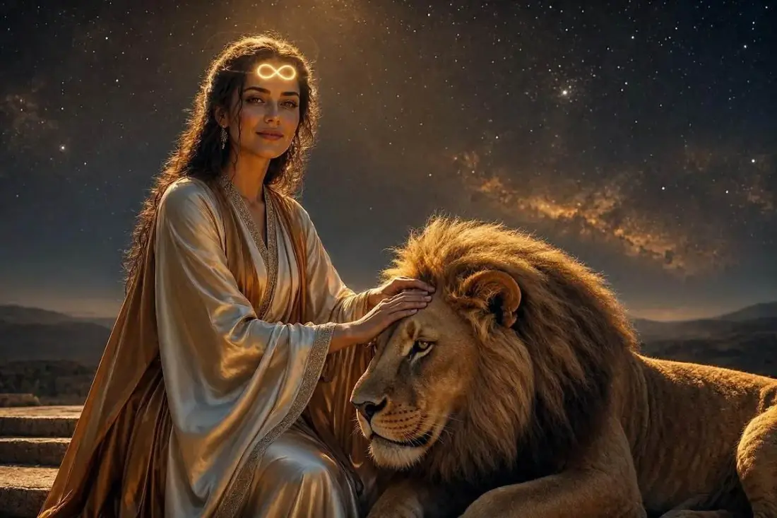 Carta A Força do tarot, Arcano XI, mulher domando um leão sob céu noturno dourado