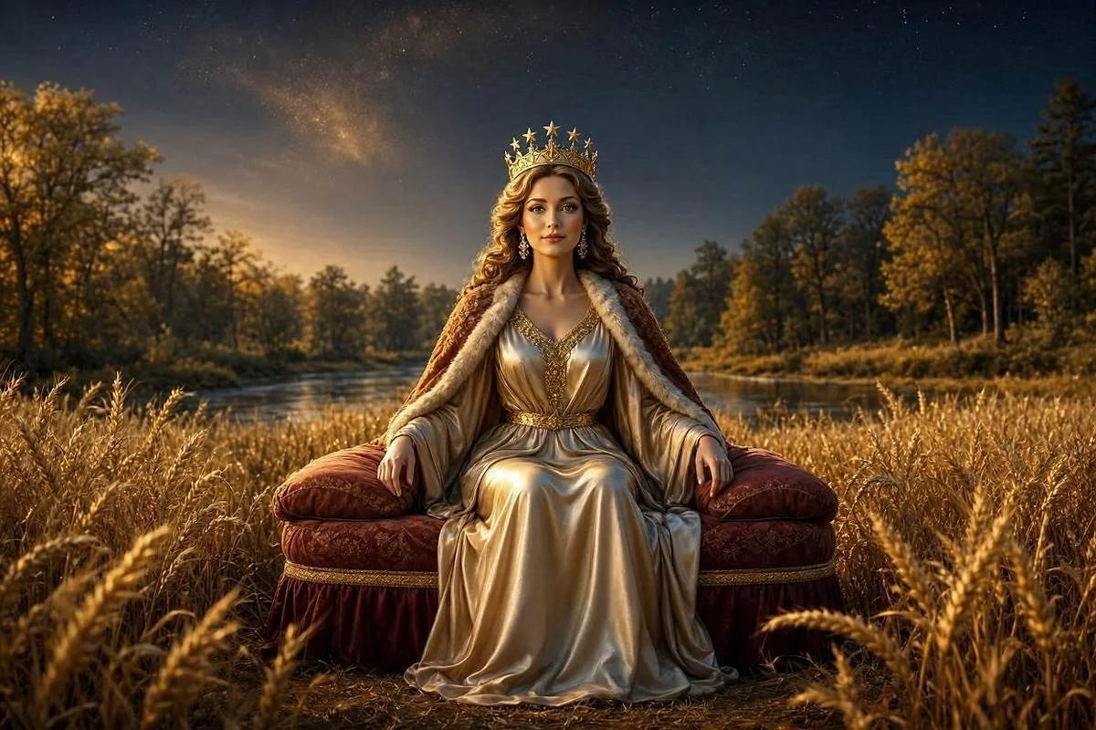 Carta A Imperatriz do tarot, Arcano III, mulher coroada de estrelas sentada em jardim fértil de trigo sob céu noturno dourado