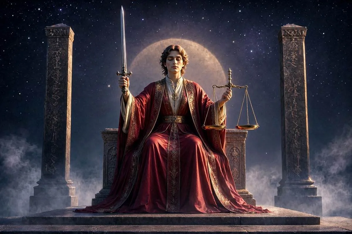 Carta A Justiça do tarot, figura serena sentada em um trono de pedra entre dois pilares, segurando uma espada erguida na mão direita e uma balança dourada equilibrada na esquerda, sob céu noturno dourado