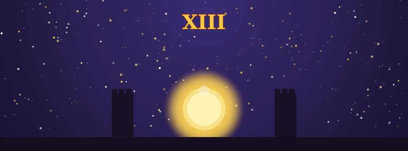 Carta A Morte do tarot sob céu noturno dourado