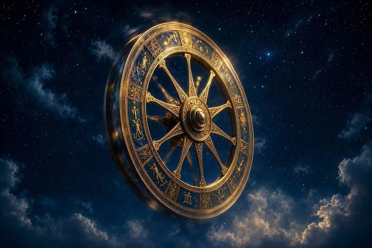 Carta A Roda da Fortuna do tarot, Arcano 10, roda dourada girando sob céu noturno estrelado e místico