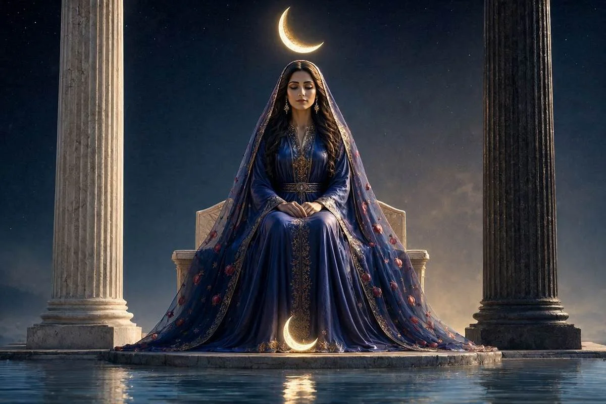 Carta A Sacerdotisa do tarot, Arcano II, mulher serena entre duas colunas com a lua crescente sob céu noturno dourado