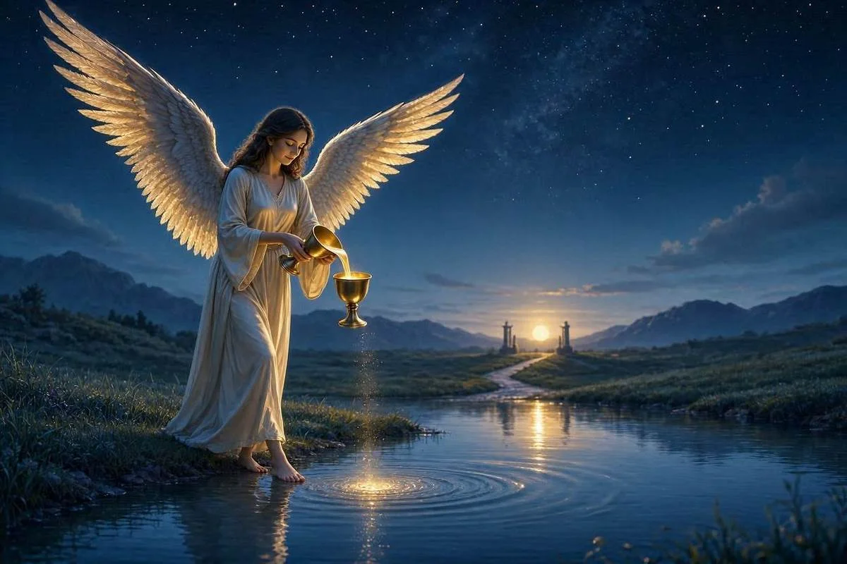 Carta A Temperança do tarot, Arcano XIV, anjo de asas douradas com um pé na terra e outro na água vertendo líquido entre dois cálices sob céu noturno dourado