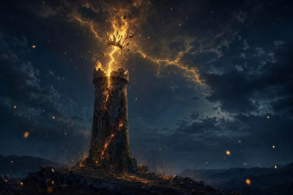 Carta A Torre do tarot, Arcano 16, torre atingida por um raio sob céu noturno dourado e místico