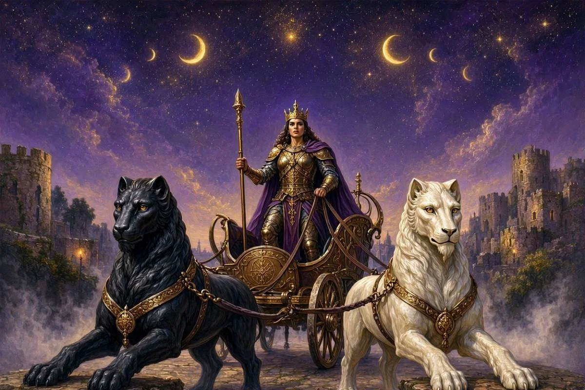 Carta O Carro do tarot, Arcano VII, condutor coroado num carro puxado por duas esfinges diante de uma cidade sob céu noturno dourado