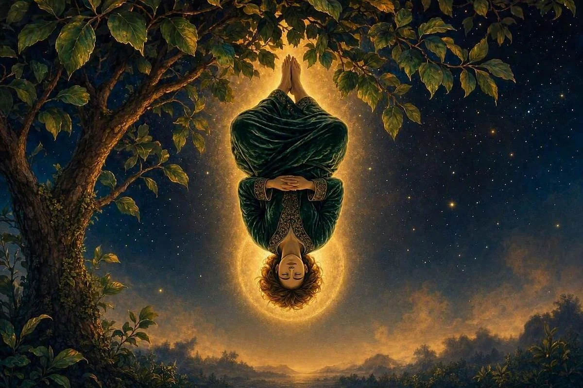 Carta O Enforcado do tarot, Arcano XII, homem suspenso de cabeça para baixo por um pé numa cruz de madeira em forma de T, com auréola dourada ao redor da cabeça e rosto sereno sob céu noturno dourado