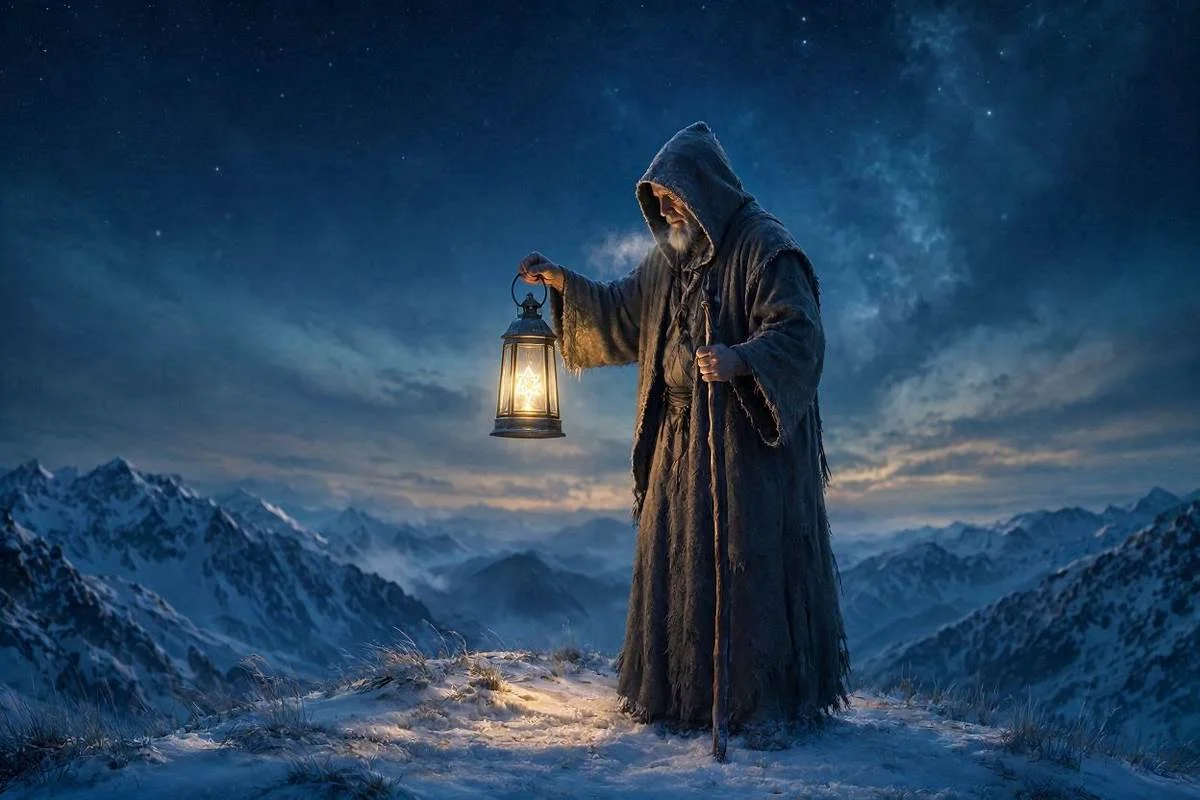 Carta O Eremita do tarot, Arcano IX, ancião de manto com capuz segurando uma lanterna com uma estrela no topo de uma montanha nevada sob céu noturno dourado
