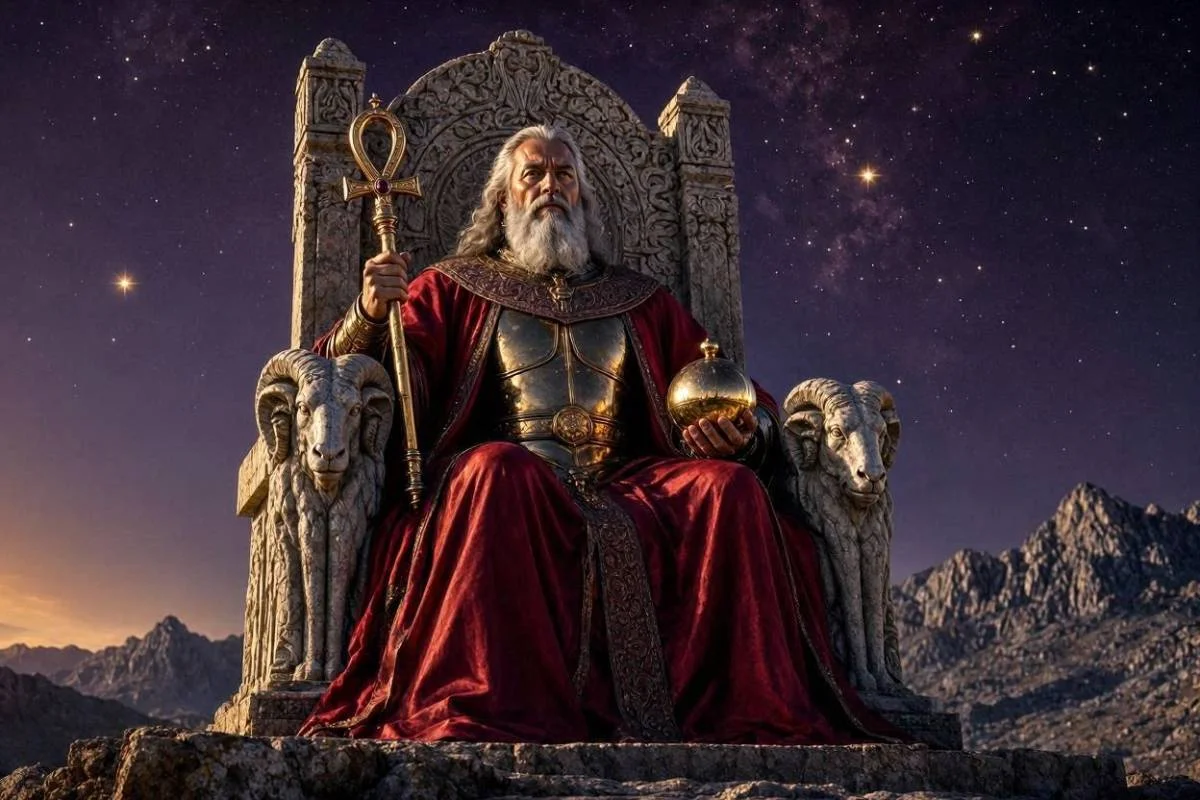 Carta O Imperador do tarot, Arcano IV, rei coroado em trono de pedra com cabeças de carneiro diante de montanhas sob céu noturno dourado