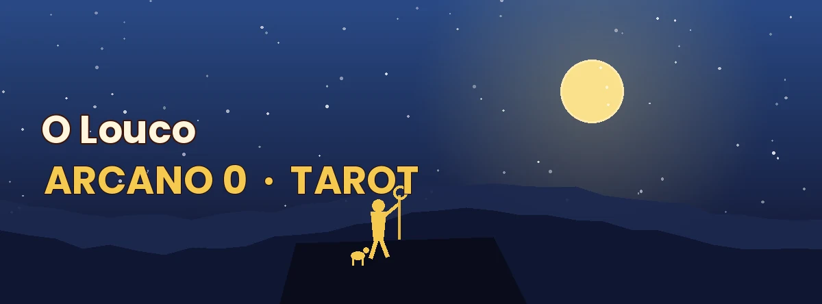 Carta O Louco do tarot, viajante dourado à beira do penhasco sob céu noturno