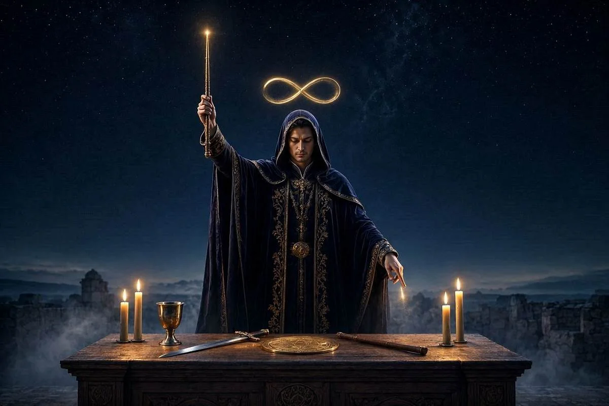 Carta O Mago do tarot, Arcano 1, mago com uma mão erguida ao céu e outra apontando a terra, símbolo do infinito dourado sobre a cabeça em cenário místico noturno