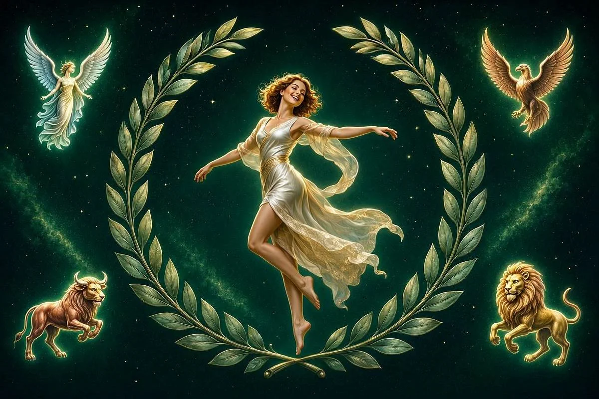 Carta O Mundo do tarot, figura dançando dentro de uma coroa de louros dourada sob céu noturno místico