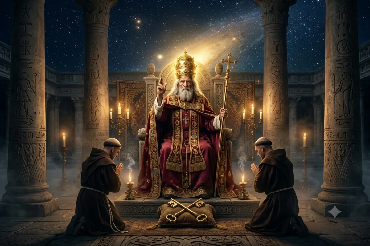 Carta O Papa do tarot, Arcano V, sacerdote coroado sentado entre duas colunas erguendo a mão em bênção sob céu noturno dourado