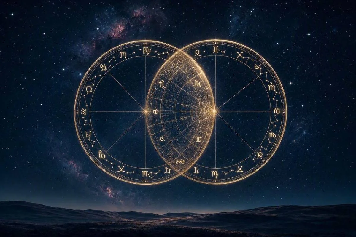 Sinastria amorosa representada por dois mapas astrais dourados sobrepostos num ceu noturno estrelado, simbolizando o mapa astral do casal