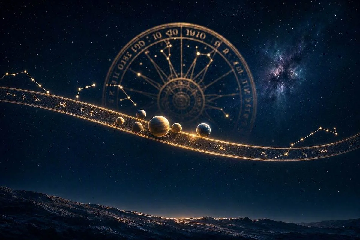 Céu noturno dourado com vários planetas alinhados numa mesma região do zodíaco, capa do artigo sobre stellium no mapa astral