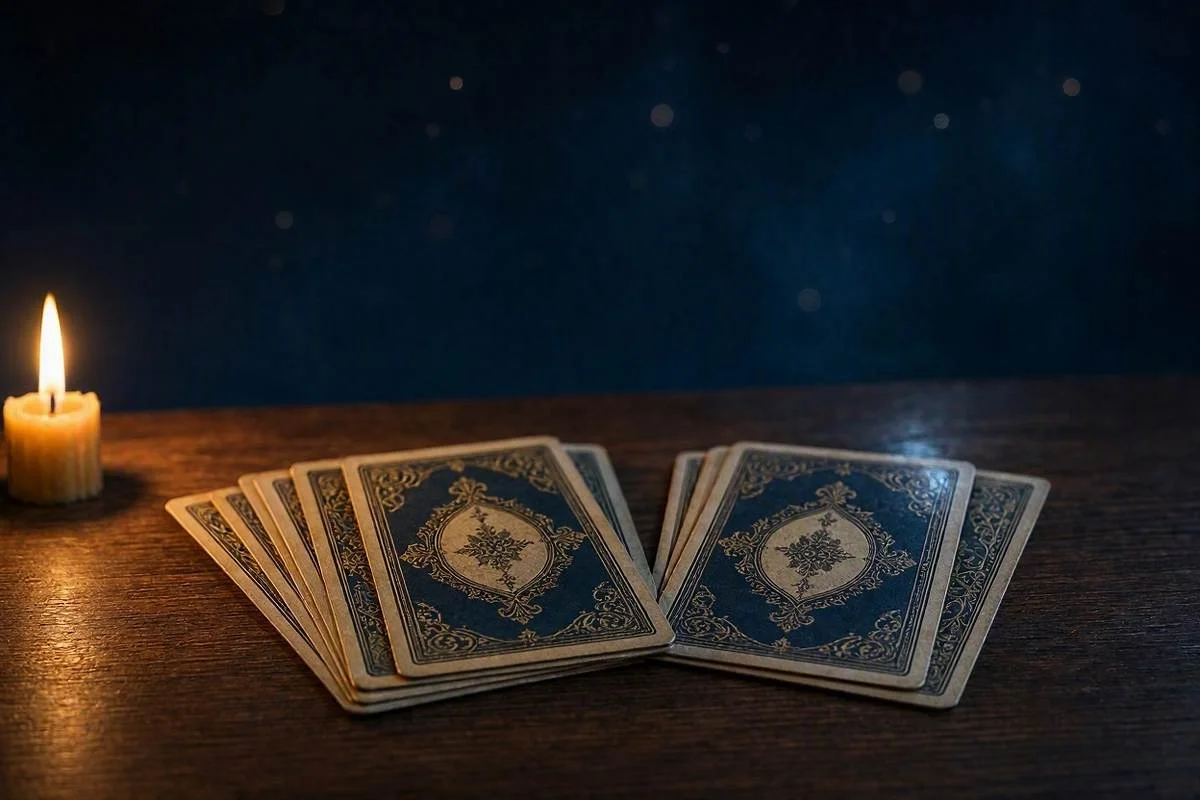 Dois baralhos de tarot antigos abertos sobre mesa de madeira iluminada por velas douradas, capa do artigo sobre Tarot de Marselha ou Rider Waite