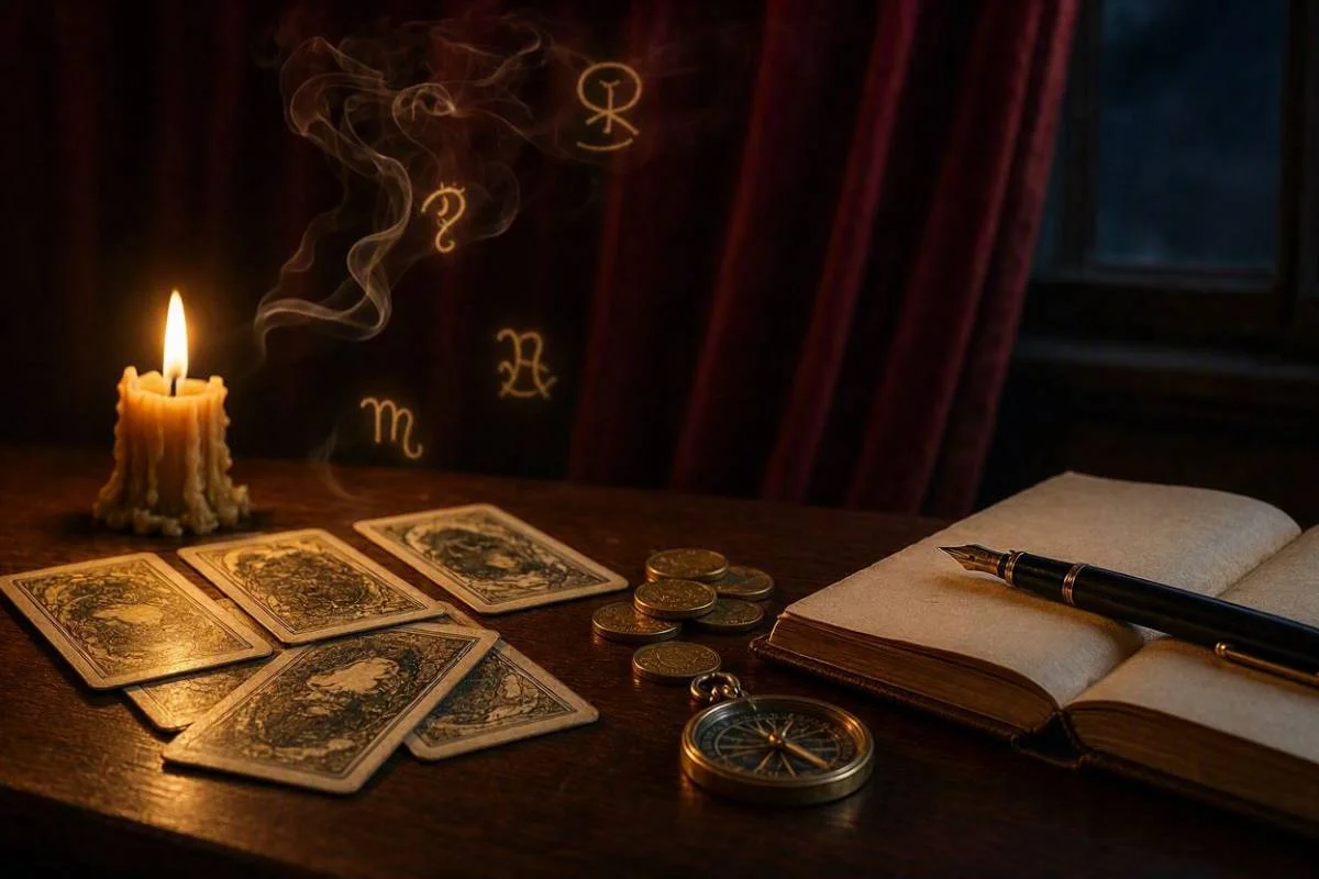 Tarot do trabalho e carreira representado por cartas douradas sobre uma mesa de madeira ao lado de moedas e uma vela acesa em ambiente noturno mistico