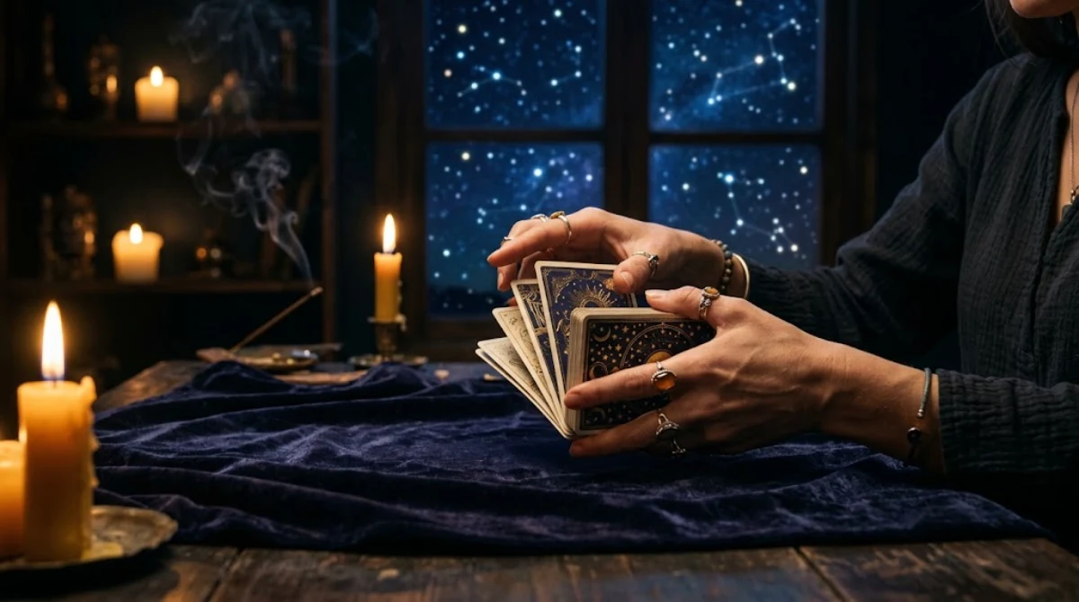 Mãos embaralhando cartas de tarot sobre pano escuro à luz de velas douradas, capa do artigo de tarot para iniciantes