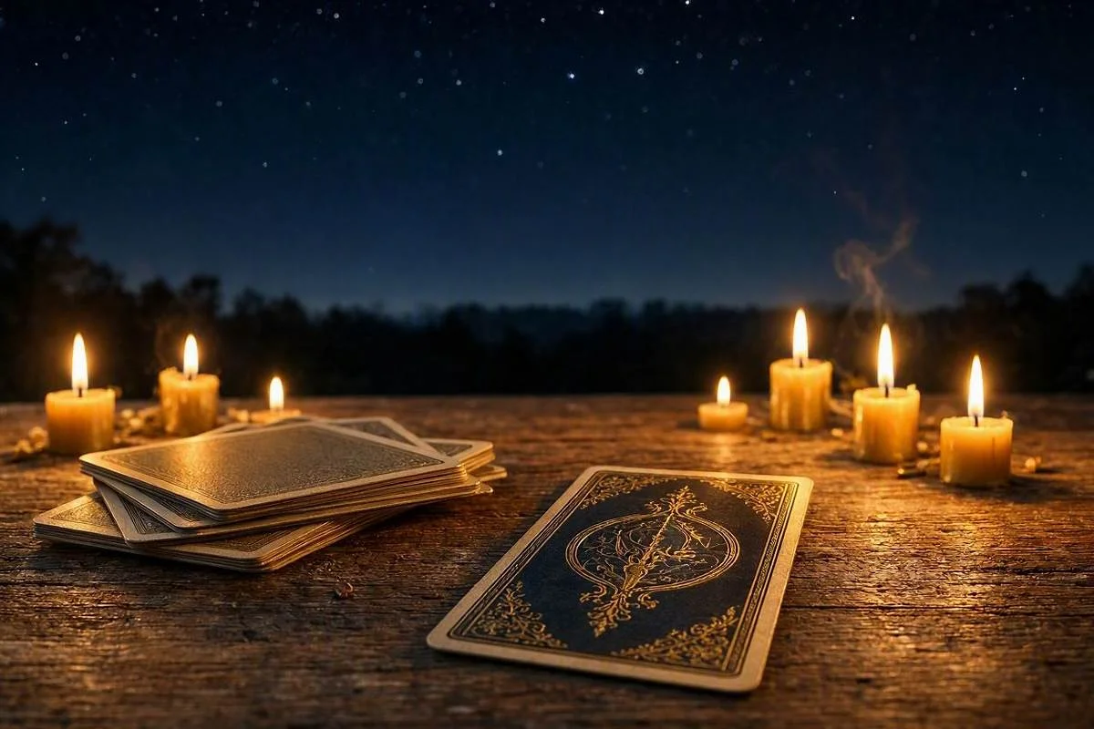 Tarot sim ou não, uma carta dourada revelada sobre a mesa entre velas acesas e o baralho embaralhado sob céu noturno místico dourado