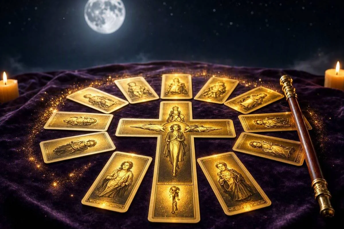 Tiragem da Cruz Celta no tarot, dez cartas douradas dispostas em forma de cruz e coluna sobre mesa de veludo escuro, sob céu noturno místico dourado